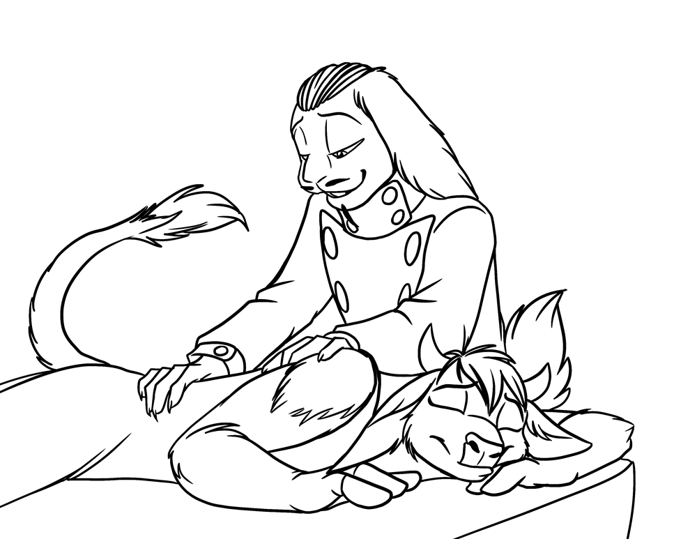 Fenriria's golem Xander gives her a back rub.