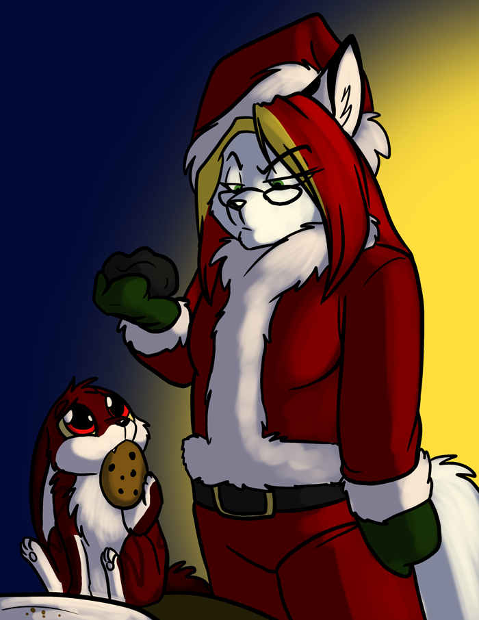 Stealing Santa-Gen's cookies.