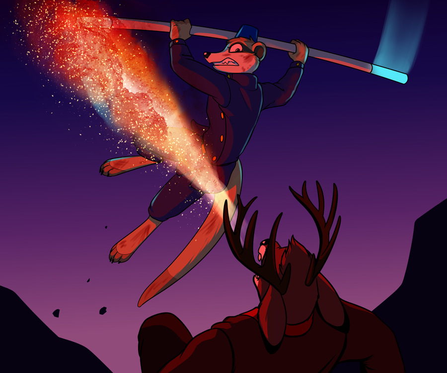 Fundi about to deliver a final blow to a fire demon.