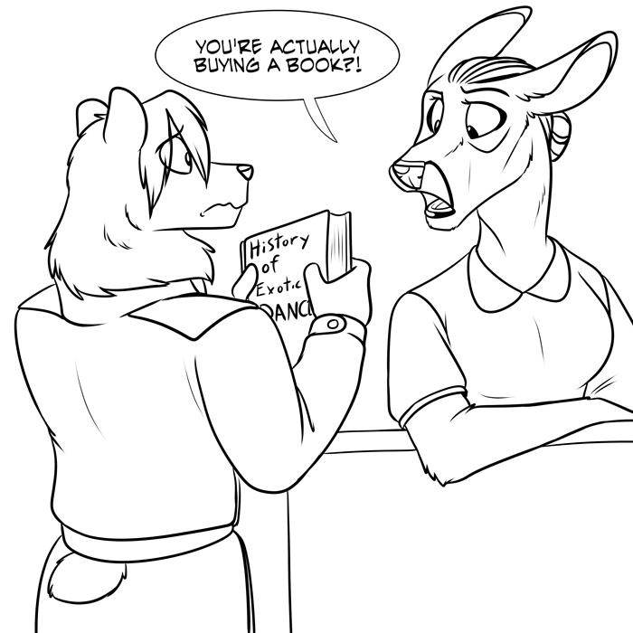 Idra caught by surprise in her bookshop.