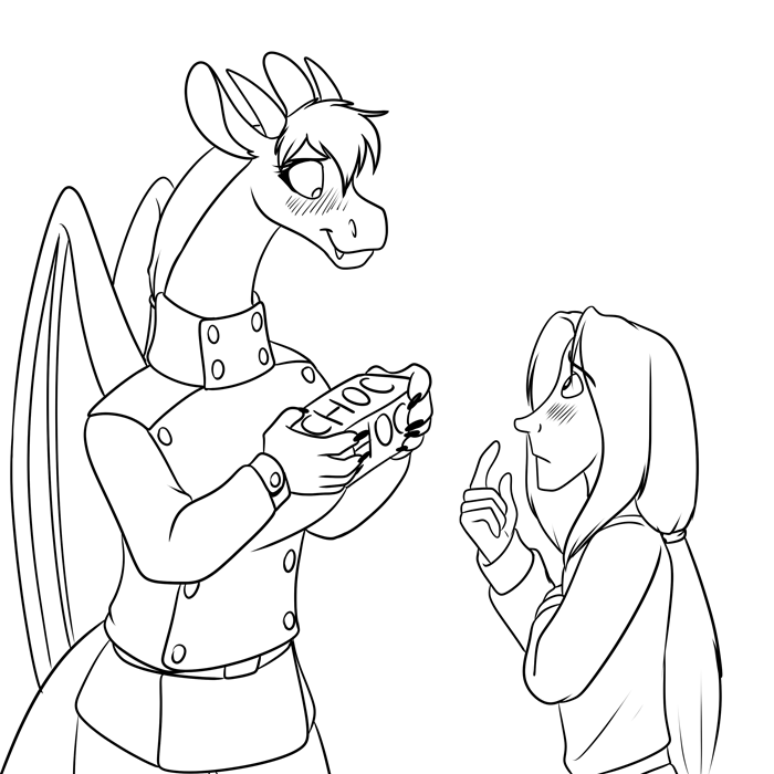 An enamored Freya delivering chocolates to Cinnibar.