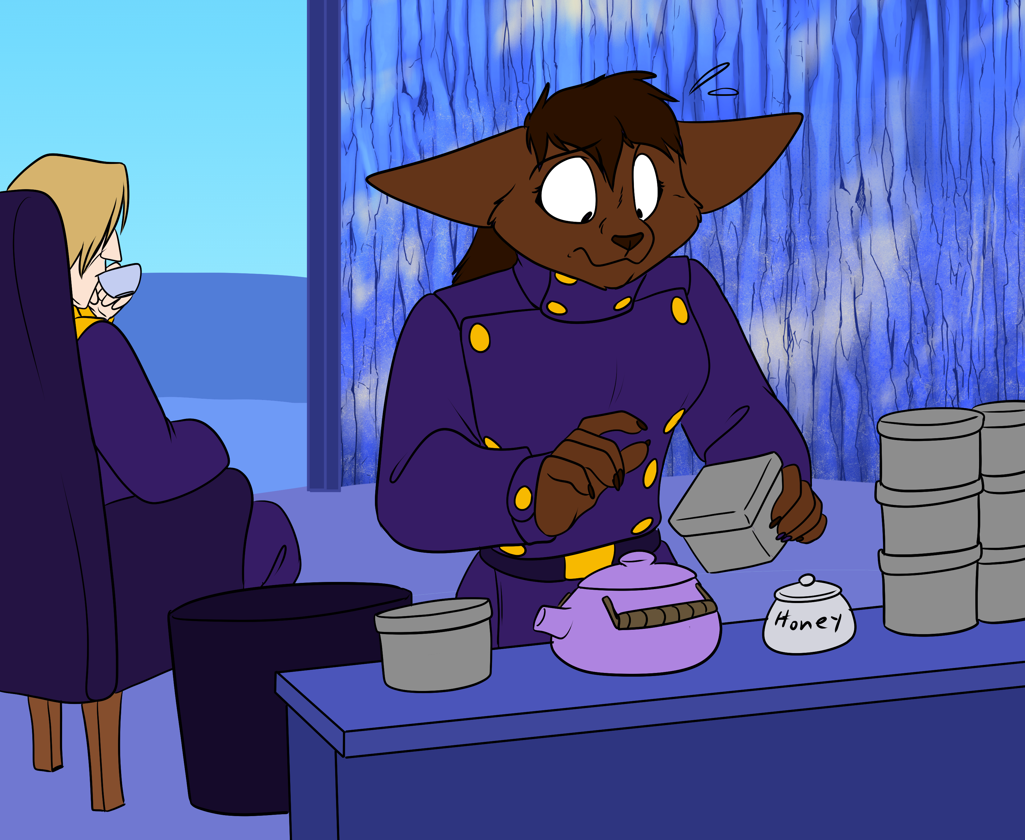 Lexi preparing tea for Darius.