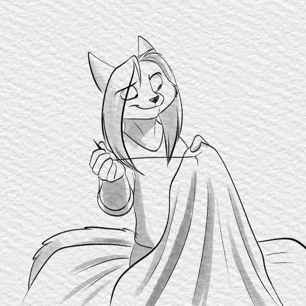 Inktober 2021 - Artemis patching a blanket.