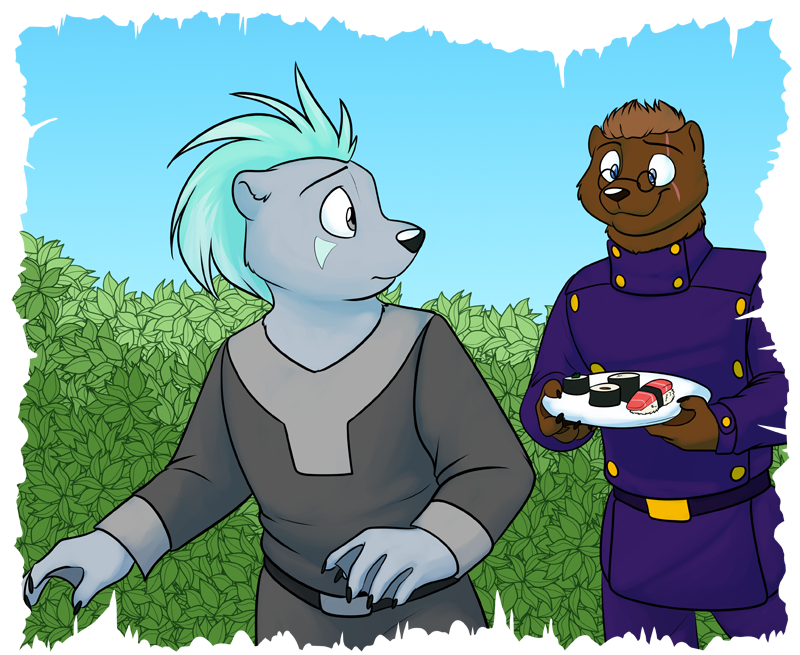 Wess (right) presenting Arget (left) with traditional otter cuisine.