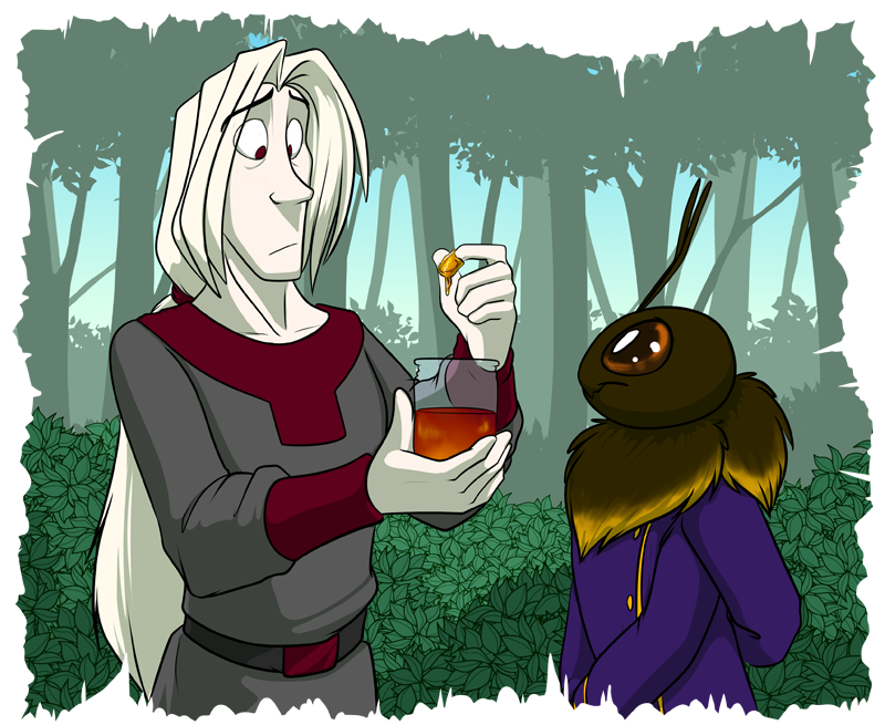 Keala Bombini (right) presenting a gift of honey to Cinnabar (left)