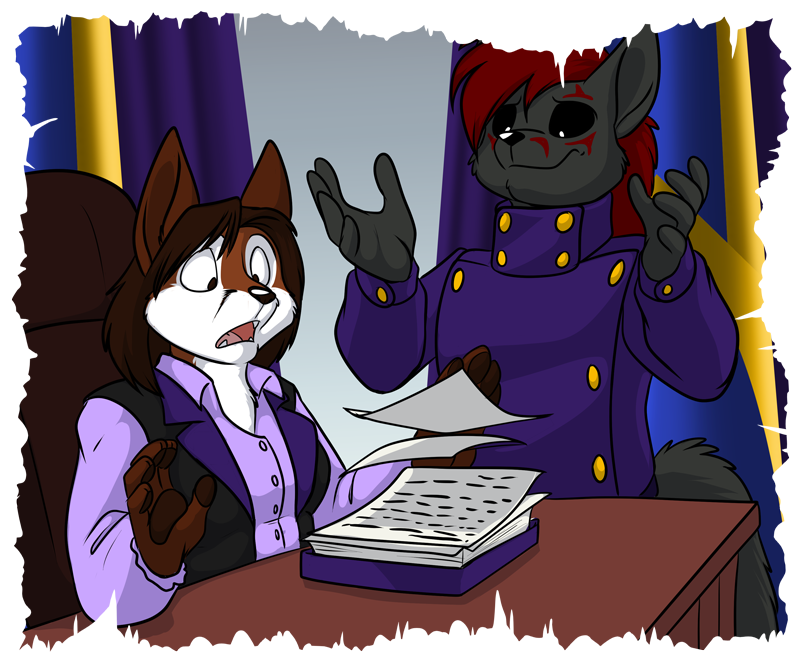 Darkfox (right) handing off some paperwork for Fox (left) to review