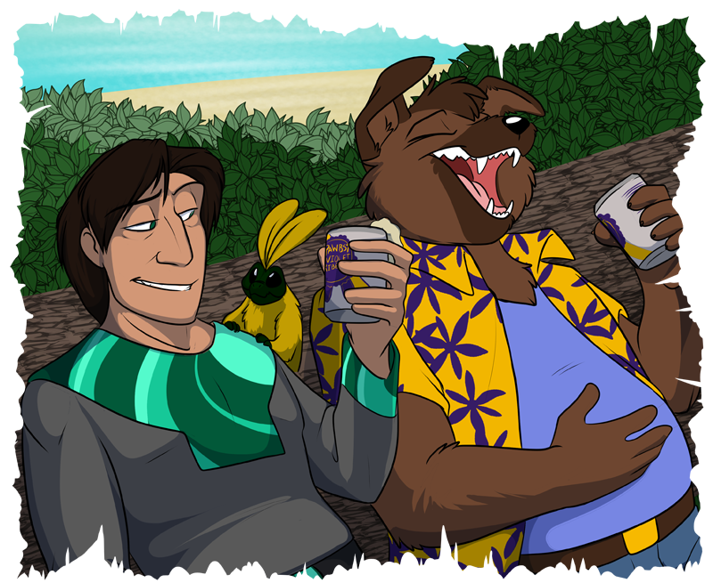 Malachite (left), Clog (center), and Peter "Radio" Doralius (right) enjoying some traditional Earth drinks