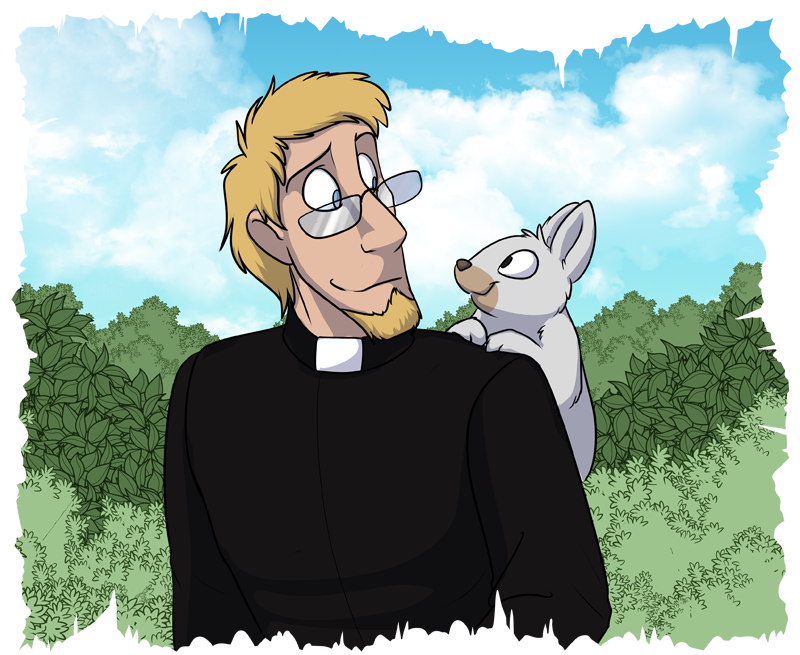 Father Nigel (left) enjoying a nice time with Symon the bunny (right)